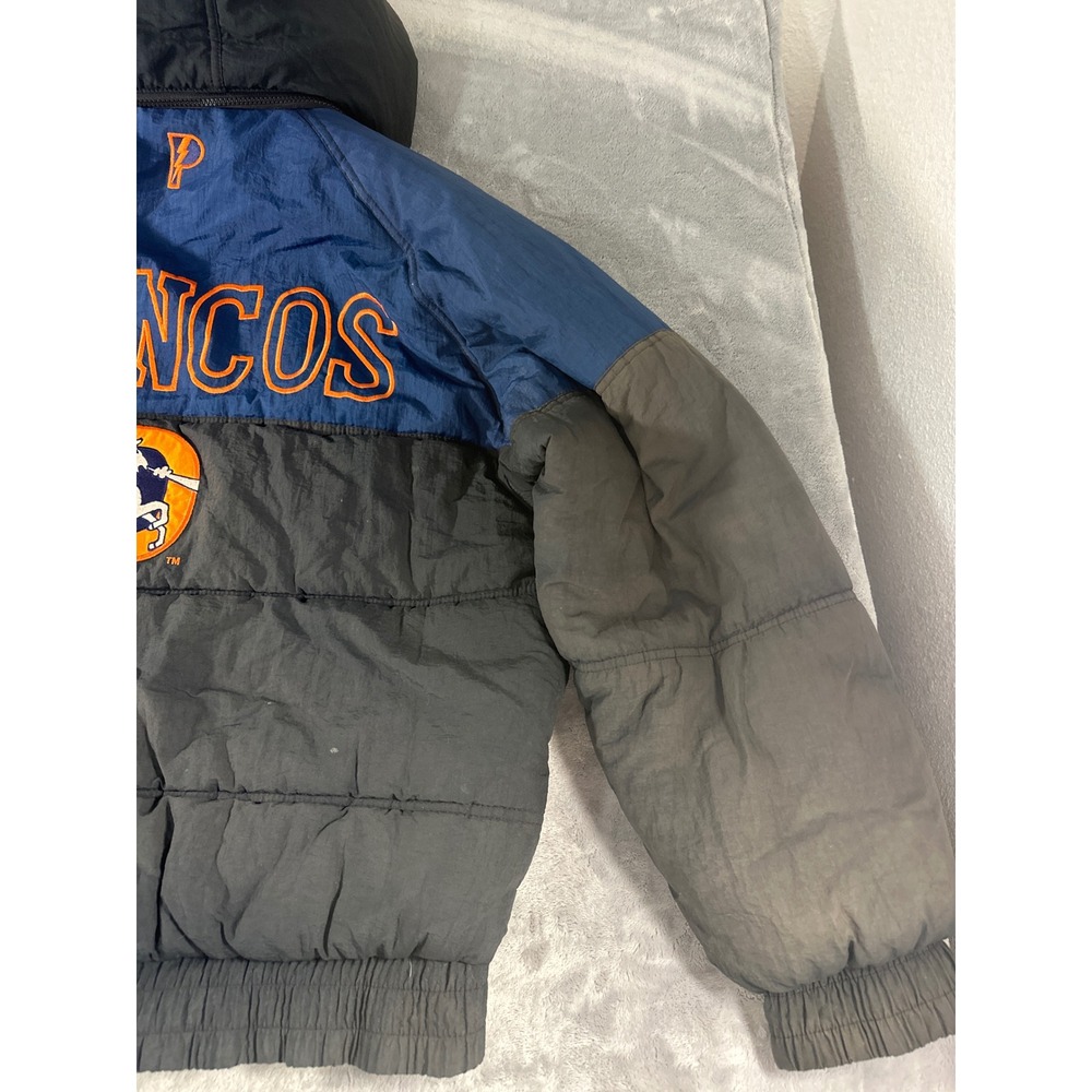 Vintage Pro Player Denver Broncos Puffer Jacket Blue Black Hooded Mens Large NFL - Picture 15 of 16